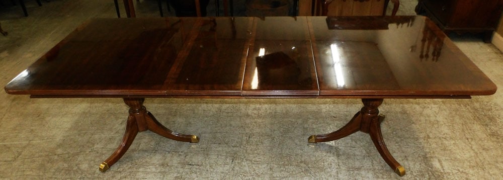 Mahogany Banded Top Two Pedestal Dining Table with Two Leaves (1 of 5)