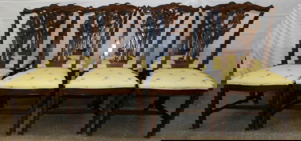 Set of Eight Carved Mahogany Dining Chairs