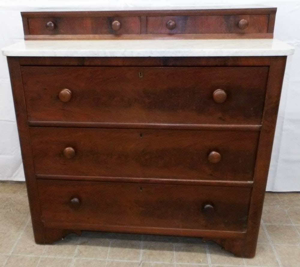 Antique Mahogany Two Over Three Marble Top Chest: Antique Mahogany Two Over Three Marble Top Chest . 41 1/4" H 42 1/4" W 21 1/4" D ALL DESCRIPTIONS AND ANY CONDITION STATEMENT GIVEN BY LANGSTON AUCTION GALLERY ARE STRICTLY OPINIONS AND LANGSTON'S SHA