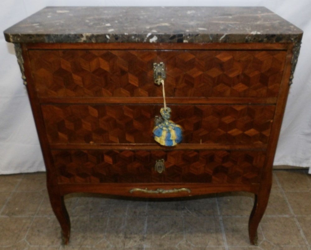 French Parquetry Inlaid Three Drawer Marble Top Commode (1 of 6)