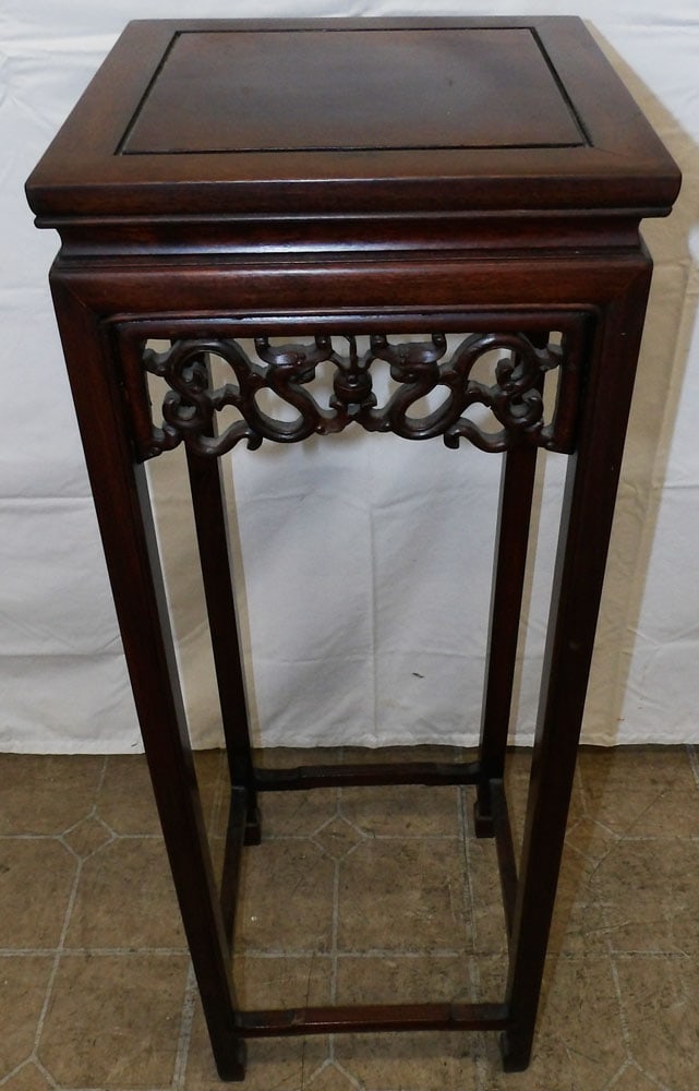 Chinese Carved Rosewood Plant Stand: Chinese Carved Rosewood Plant Stand . 36 1/4" H 12 1/2" Dia. ALL DESCRIPTIONS AND ANY CONDITION STATEMENT GIVEN BY LANGSTON AUCTION GALLERY ARE STRICTLY OPINIONS AND LANGSTON'S SHALL HAVE NO RESPONSIB