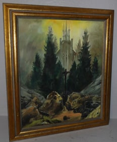 Framed Oil on Canvas Religious Landscape Scene