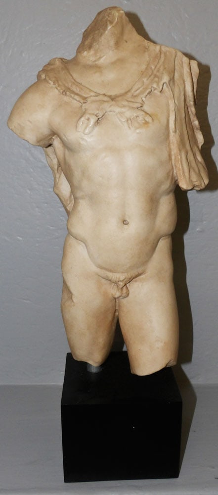 Resin Sculpture of a Nude Male Torso: Resin Sculpture of a Nude Male Torso. 20 3/4" H 9" W 7" D ALL DESCRIPTIONS AND ANY CONDITION STATEMENT GIVEN BY LANGSTON AUCTION GALLERY ARE STRICTLY OPINIONS AND LANGSTON'S SHALL HAVE NO RESPONSIBILI