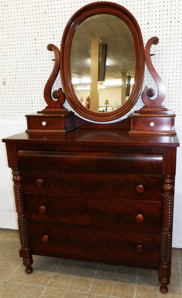 Mahogany Dresser with Mirror by Drexel: Mahogany Dresser with Mirror by Drexel. 76" H 43" W 20" D ALL DESCRIPTIONS AND ANY CONDITION STATEMENT GIVEN BY LANGSTON AUCTION GALLERY ARE STRICTLY OPINIONS AND LANGSTON'S SHALL HAVE NO RESPONSIBILI