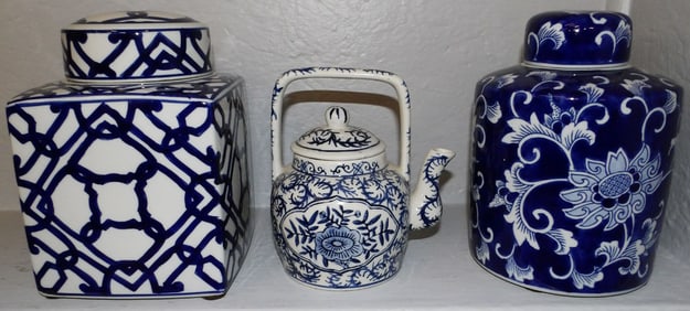 Two Oriental Blue & White Covered Jars & Tea Pot