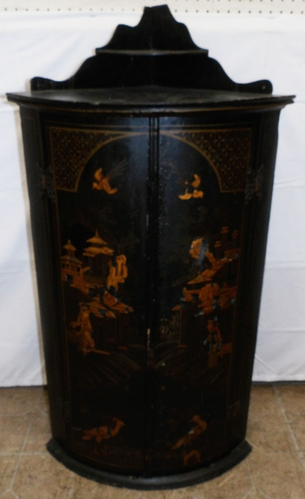19th Century Chinoiserie Decorated Bow Front Hanging Corner Cabinet (1 of 8)