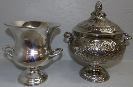 Silver Plated Ice Bucket & Silver Plated Covered Two Handle Urn