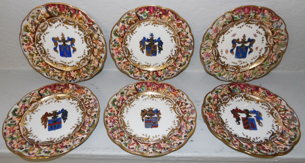 Six Capodimonte Porcelain Plates: Six Capodimonte Porcelain Plates. 7 1/2" Dia. ALL DESCRIPTIONS AND ANY CONDITION STATEMENT GIVEN BY LANGSTON AUCTION GALLERY ARE STRICTLY OPINIONS AND LANGSTON'S SHALL HAVE NO RESPONSIBILITY FOR ERROR