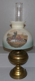 Antique Brass Oil Lamp with Hand Painted Currier & Ives Hunting & Fishing Motif Shade
