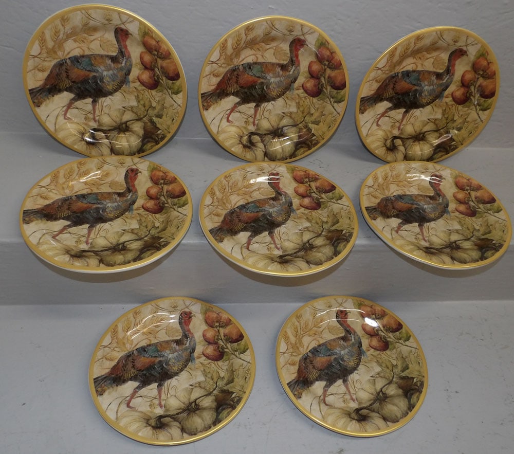 Eight Painted Porcelain Turkey Plates: Eight Painted Porcelain Turkey Plates . 9" Dia. ALL DESCRIPTIONS AND ANY CONDITION STATEMENT GIVEN BY LANGSTON AUCTION GALLERY ARE STRICTLY OPINIONS AND LANGSTON'S SHALL HAVE NO RESPONSIBILITY FOR ERR