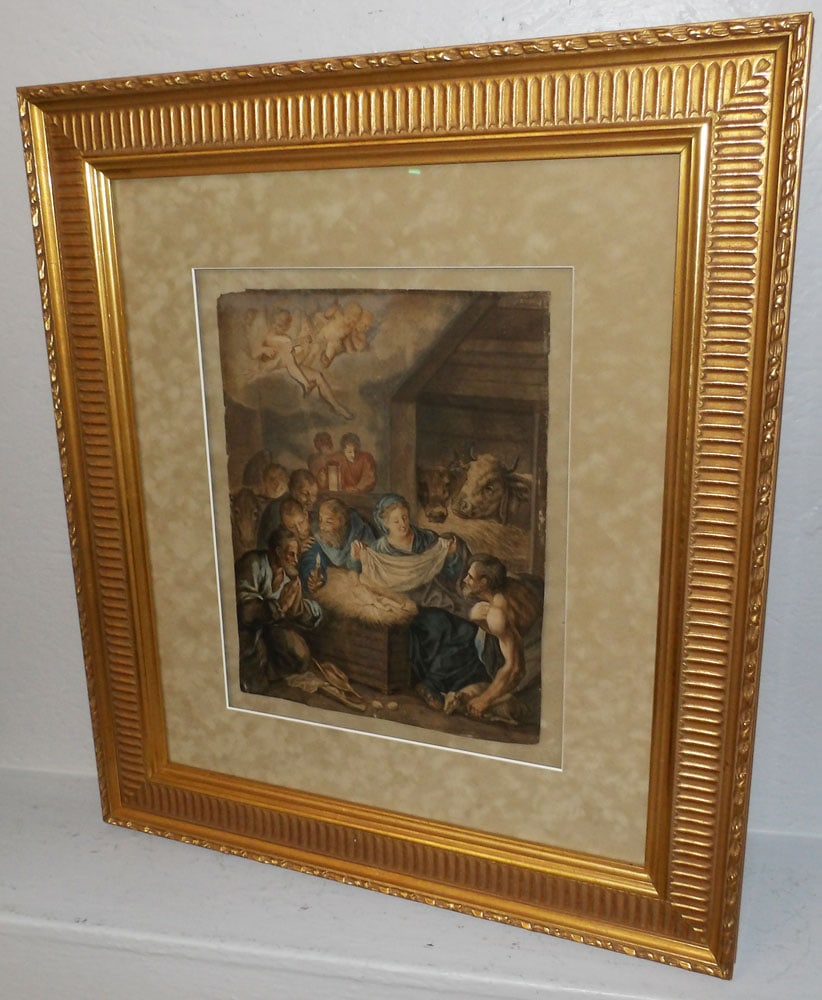 Framed Antique Colored Nativity Scene 'Birth of Christ' (1 of 7)