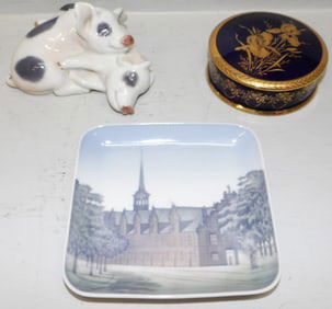 Royal Copenhagen "Sleeping Pigs", Copenhagen Denmark Porcelain Tray, & Limoges Covered Box