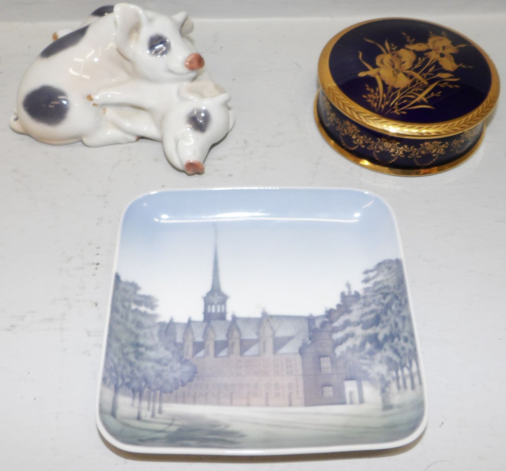 Royal Copenhagen "Sleeping Pigs", Copenhagen Denmark Porcelain Tray, & Limoges Covered Box (1 of 7)