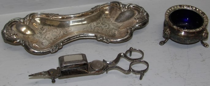 Antique Hallmarked Candle Snuffer, Ornate Tray, & Silverplate Salt Cellar with Cobalt Liner