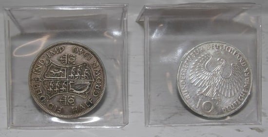 1940 British 1/2 Silver Crown Coin & 1972 10 Deutsche Silver Olympics Commemorative Coin