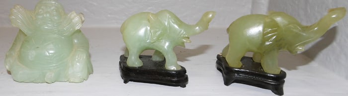 Jade Buddha & Two Elephant Figures