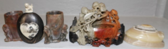 Four Oriental Carved Soapstone Items - Horn & Bone Snuff Bottle