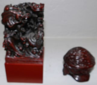 Oriental Resin Paperweight & Carved Mahogany Walnut Form Dresser Box
