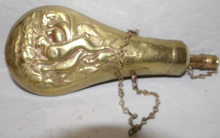 Antique Brass Powder Flask With Bird Dog Hunting Scene