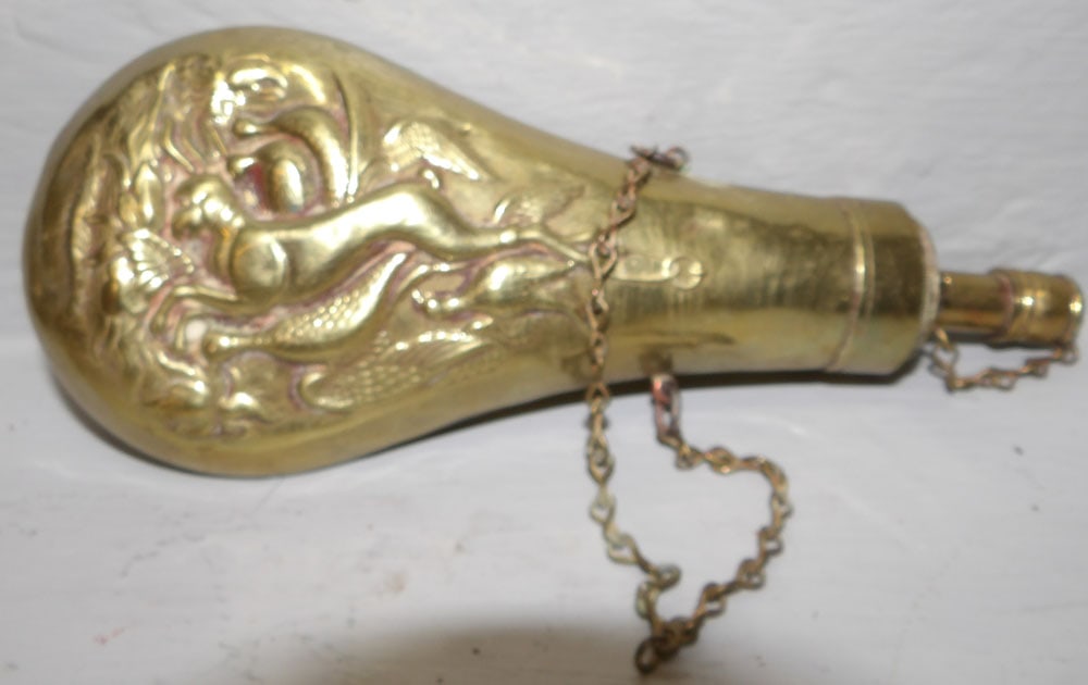 Antique Brass Powder Flask With Bird Dog Hunting Scene (1 of 2)