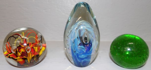 Lot Three Art Glass Paperweights - One Signed