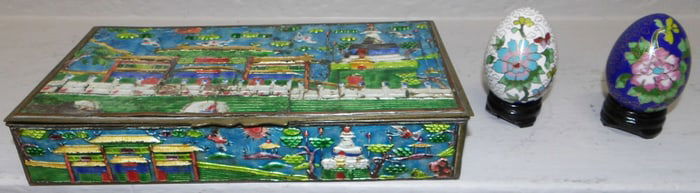 Oriental Brass Enameled Box & Two Cloisonné Eggs