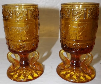 Pair EAPG Amber Dolphin Base Tooth Pick Holders