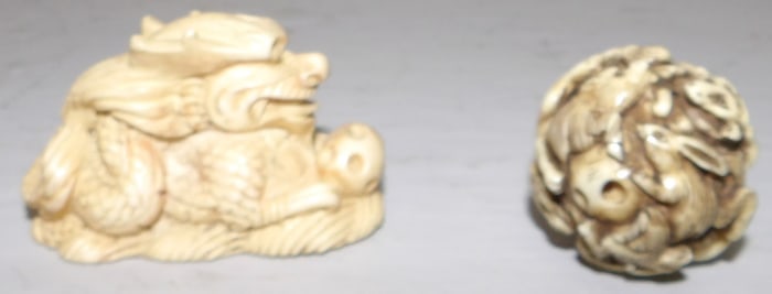 Carved Bone Netsuke Figure & Dragon Figure