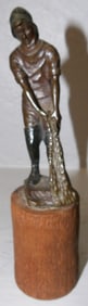 Small Bronze Fisherman Sculpture On Wooden Stand
