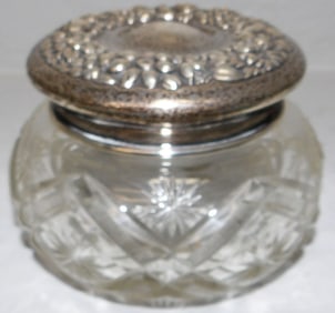 Antique Cut Glass Powder Jar With Sterling Top