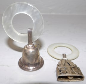 Two Mother Of Pearl & Sterling Baby Teething Rings