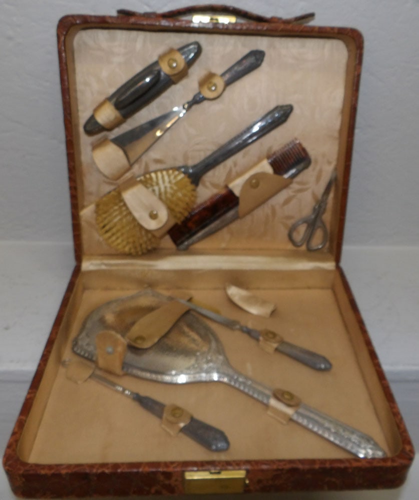 Sterling Handle Dresser Set In Crocodile Print Leather Case (1 of 5)