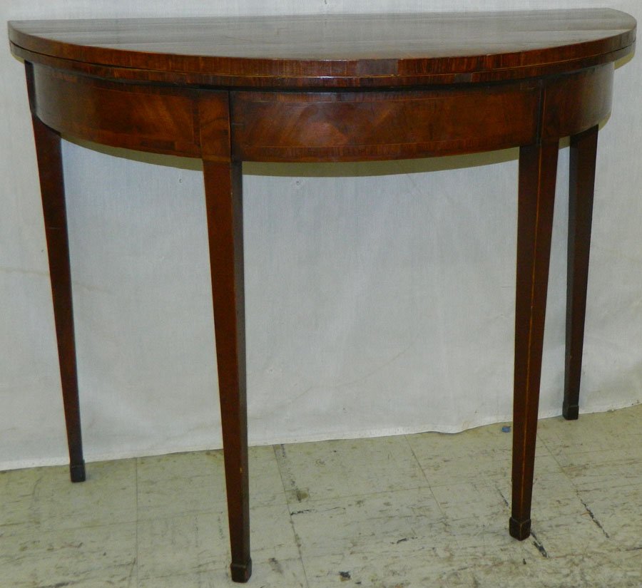 Inlaid Hepplewhite mahogany game table.: Inlaid Hepplewhite mahogany game table. Circa 1800. 37" wide x 18" deep x 28 3/4" tall.