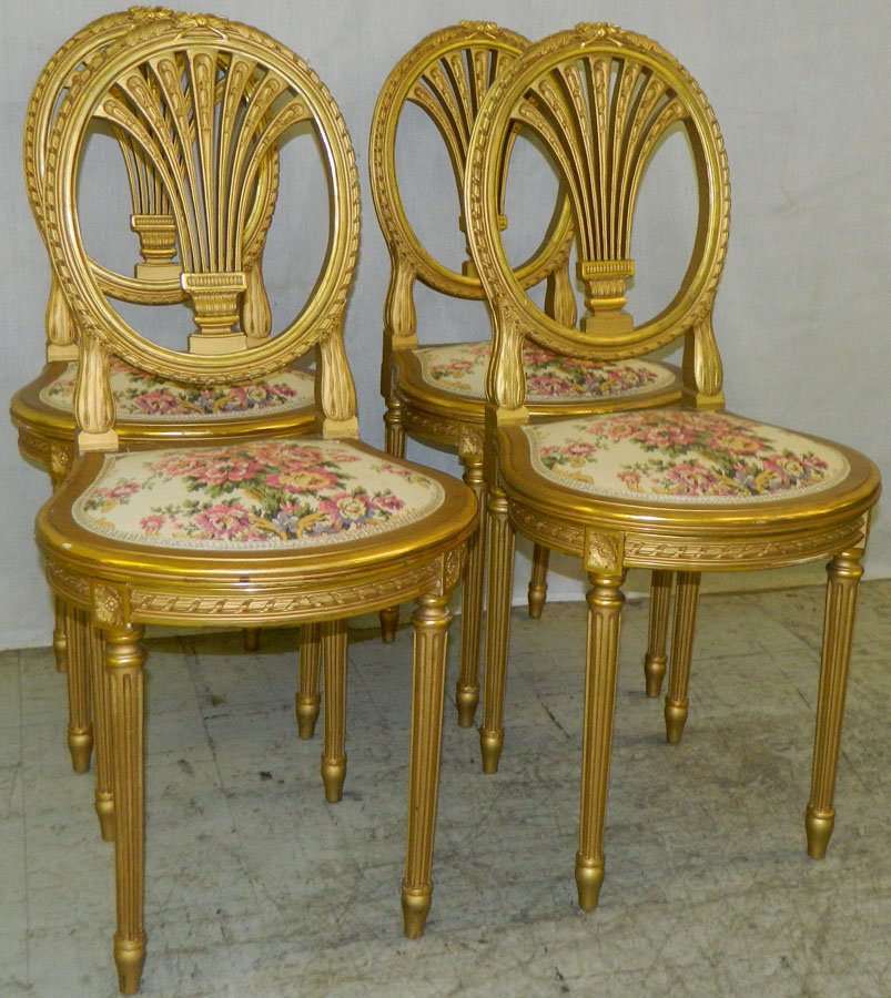 (4) French gold leaf needlepoint side chairs.: (4) French gold leaf needlepoint side chairs.