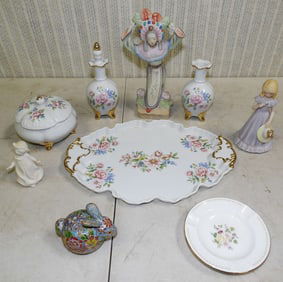 Lot Hand Painted Porcelain Dresser Items & Enameled Bunny Figurine