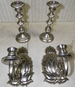 Pair Silver Plate Candlesticks & Pair Pewter Pineapple Sconces
