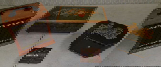 Lot Painted Wood Dresser Boxes & Coasters