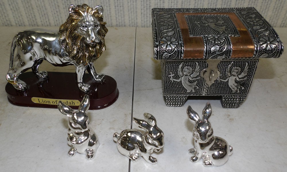 Lot Silver Plate Bunny Figures - Metal Bound Copper Box - Resin Figurine: Lot Silver Plate Bunny Figures - Metal Bound Copper Box - Resin Figurine. 4 1/2" H 5 1/2" W 2 1/2" D ALL DESCRIPTIONS AND ANY CONDITION STATEMENT GIVEN BY LANGSTON AUCTION GALLERY ARE STRICTLY OPINION