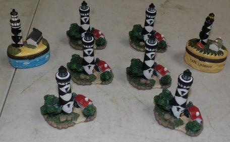 Lot Painted Porcelain Lighthouse Battersea Boxes & Painted Resin Lighthouses