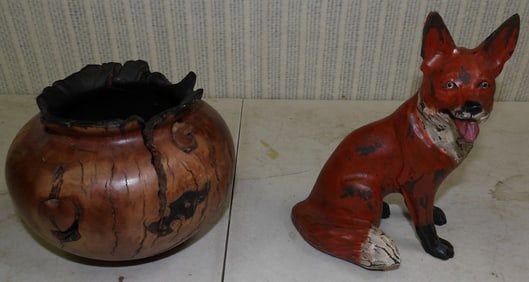 Lot Carved Wood Fox - Turned Wood Vase Artist Signed