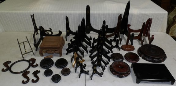 Lot Oriental Teak Wood Stands & Resin Stands