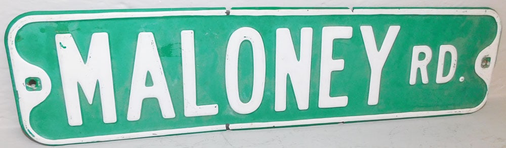 Painted Metal Road Sign "Maloney Road": Painted Metal Road Sign "Maloney Road". 6" X 24" ALL DESCRIPTIONS AND ANY CONDITION STATEMENT GIVEN BY LANGSTON AUCTION GALLERY ARE STRICTLY OPINIONS AND LANGSTON'S SHALL HAVE NO RESPONSIBILITY FOR ER