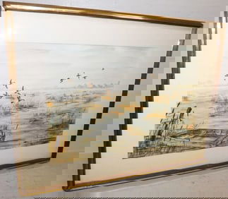 Framed Flying Duck Over Water Watercolor - Artist Signed