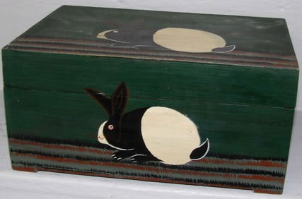 Painted Folk Art Style Wood Box with Rabbit Motif