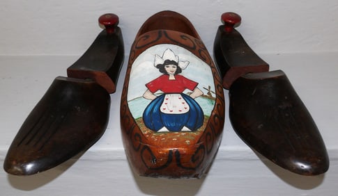 Painted Wooden Holland Shoe & Two Vintage Shoe Molds