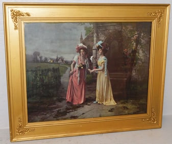 Ornate Gilt Framed Victorian Print of Two Women in a Courtyard