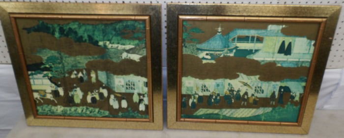 Pair Oriental Framed Prints In Faux Bamboo Frames