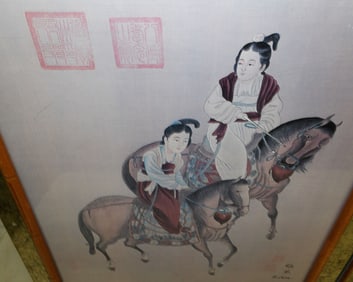 Pair Oriental Framed Prints In Faux Bamboo Frames