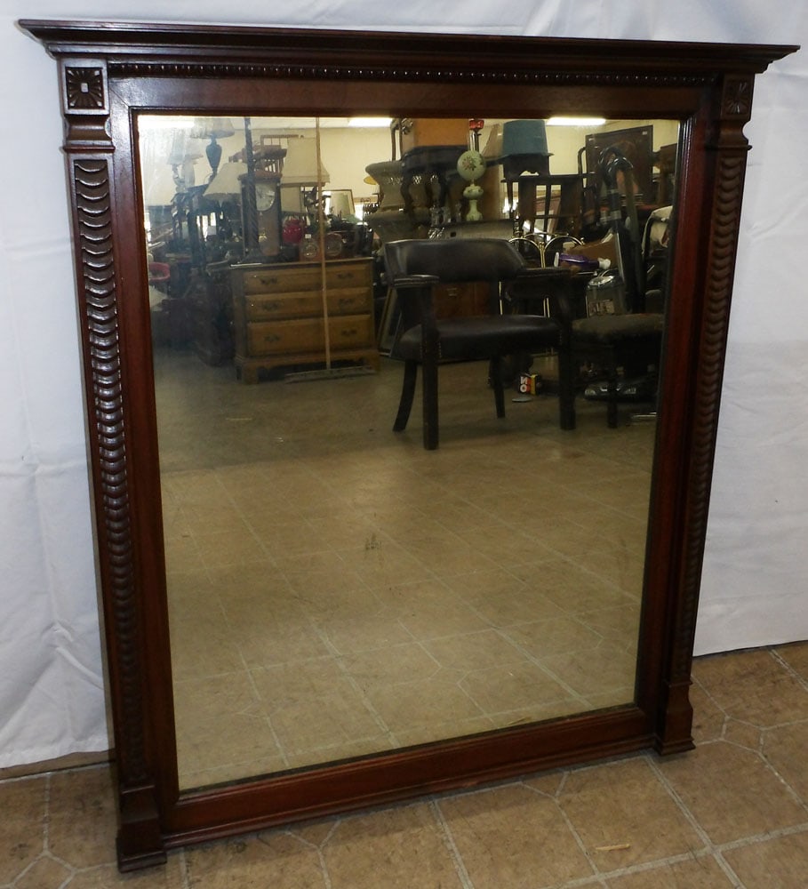 Carved Mahogany Framed Mirror: Carved Mahogany Framed Mirror. 35" X 31" ALL DESCRIPTIONS AND ANY CONDITION STATEMENT GIVEN BY LANGSTON AUCTION GALLERY ARE STRICTLY OPINIONS AND LANGSTON'S SHALL HAVE NO RESPONSIBILITY FOR ERRORS OR 