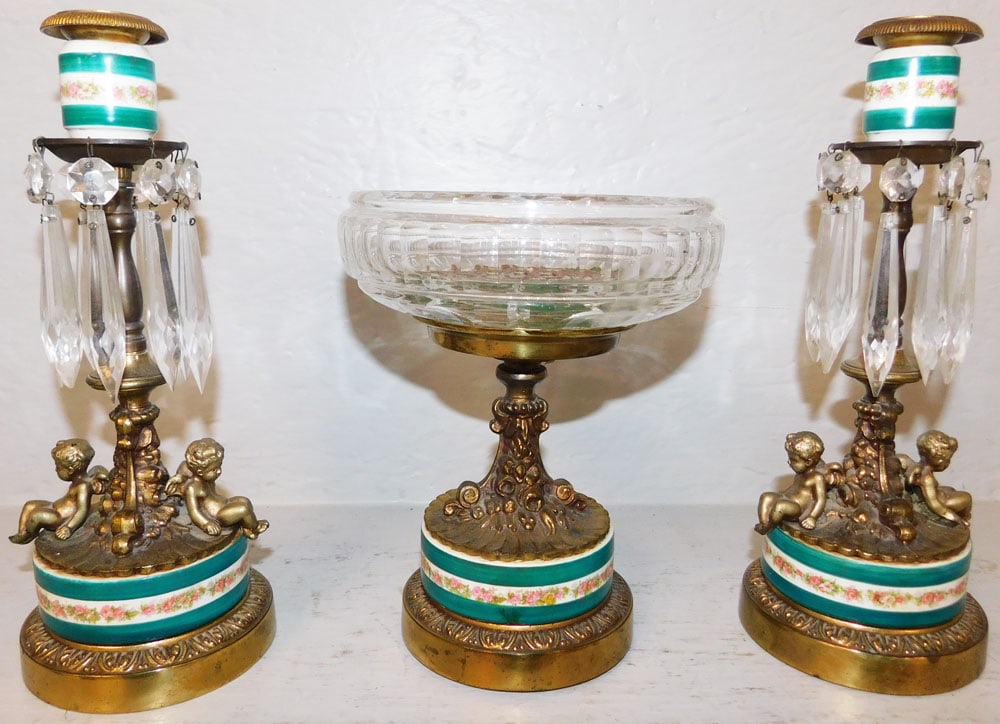 Three Gilded Metal Painted Porcelain & Glass Cherub Console Set (1 of 3)